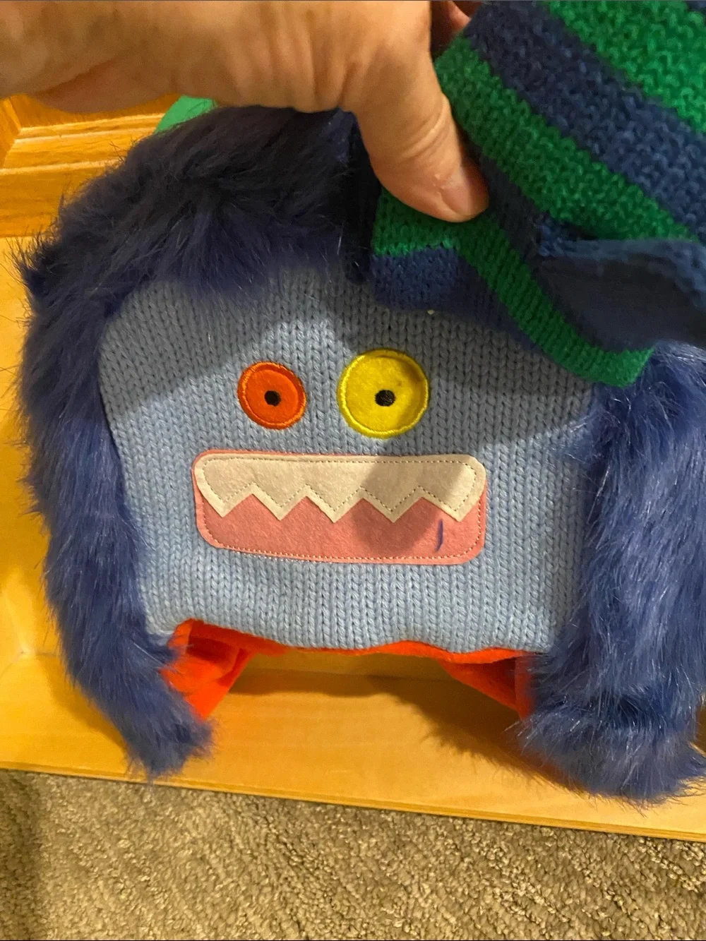 Free Country Kids Blue Furry Monster Hat with Green Horns and Striped Mitten
